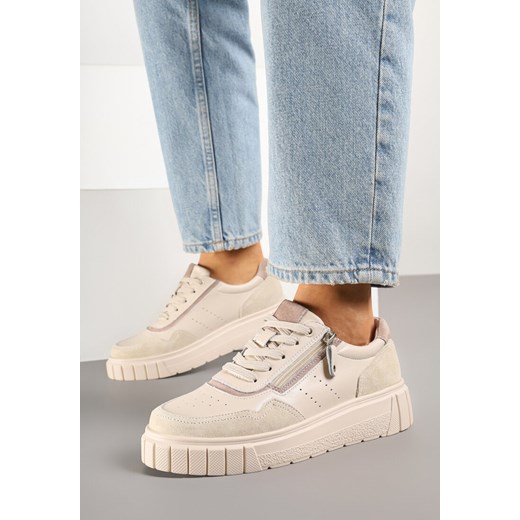 Beżowe Sneakersy z Naturalnej Skóry na Grubej Podeszwie z Suwakiem Soravelle ze sklepu renee.pl w kategorii Buty sportowe damskie - zdjęcie 179684144