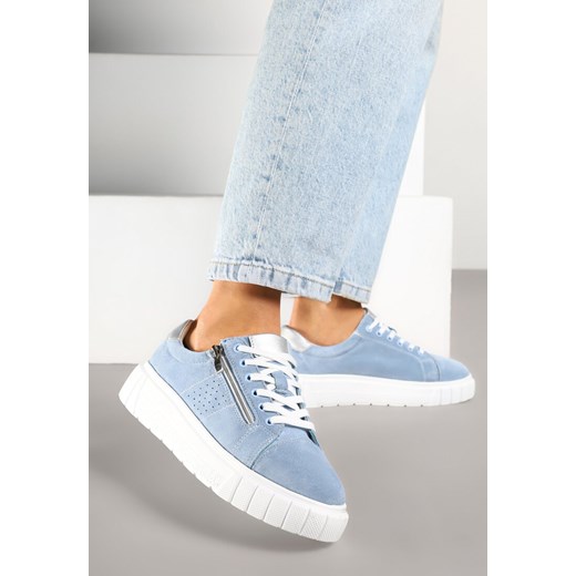 Niebieskie Sneakersy Skórzane na Platformie z Ozdobnym Suwakiem i Perforacją Niliria ze sklepu renee.pl w kategorii Buty sportowe damskie - zdjęcie 179684150