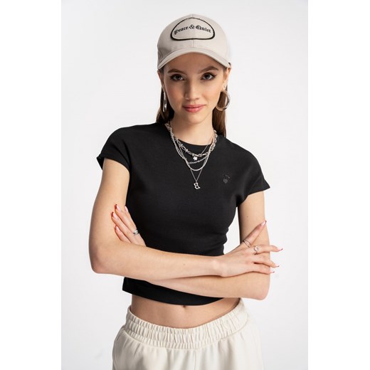 Czarny crop top z minimalistycznym nadrukiem, kolor - czarny, rozmiar - 146 ze sklepu REPORTER w kategorii Bluzki dziewczęce - zdjęcie 179688871