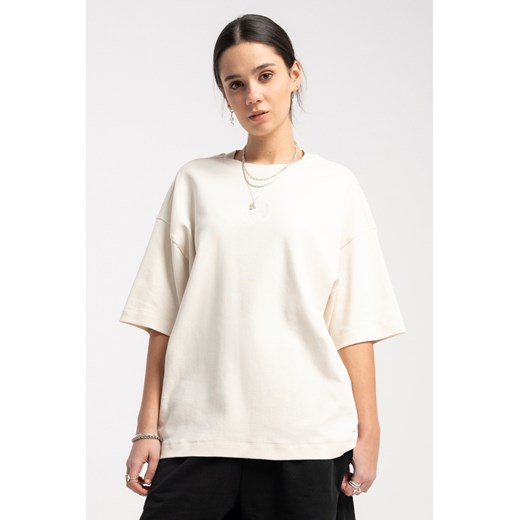 Kremowy t-shirt z minimalistycznym haftem z przodu, kolor - kremowy, rozmiar - 140 ze sklepu REPORTER w kategorii Bluzki dziewczęce - zdjęcie 179688881