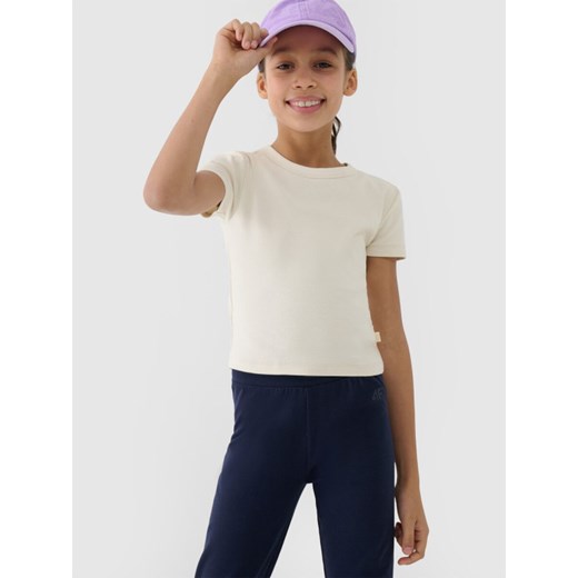 Dziewczęcy top basic t-shirt 4F 4FJWSS25TTSHF1852 - beżowy ze sklepu Sportstylestory.com w kategorii Bluzki dziewczęce - zdjęcie 179707821