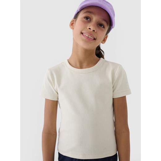 Dziewczęcy top basic t-shirt 4F 4FJWSS25TTSHF1852 - beżowy ze sklepu Sportstylestory.com w kategorii Bluzki dziewczęce - zdjęcie 179707822