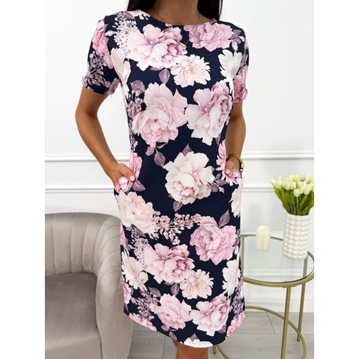 Granatowa Sukienka w Beżowo-Pudrowe Kwiaty z Kieszeniami Modnakiecka.pl 46 ModnaKiecka.pl