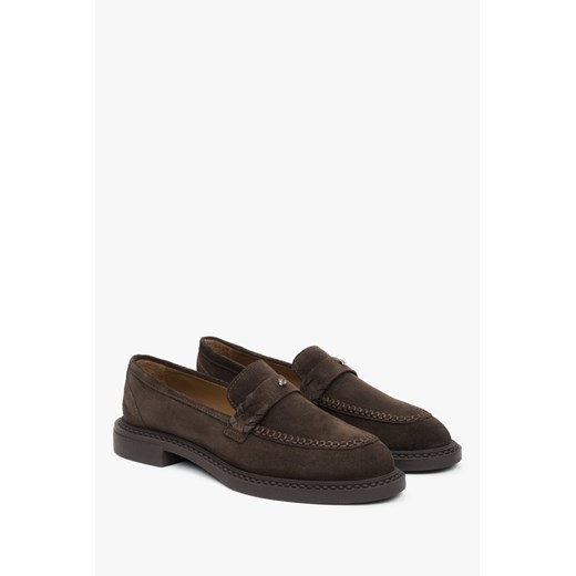 Estro: Ciemnobrązowe loafersy damskie typu Penny z włoskiego weluru naturalnego Premium ze sklepu Estro w kategorii Mokasyny damskie - zdjęcie 179715310