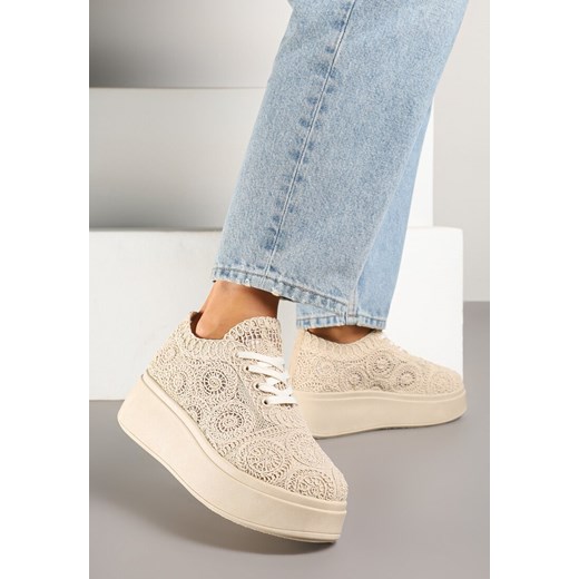 Beżowe buty sportowe damskie Renee sneakersy sznurowane z tkaniny