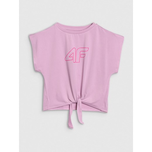 Dziewczęcy crop top sportowy z nadrukiem 4F 4FJWSS25TFTSF1184 - różowy ze sklepu Sportstylestory.com w kategorii Bluzki dziewczęce - zdjęcie 179733192