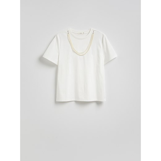 Reserved - T-shirt z odpinanym zdobieniem - złamana biel Reserved S Reserved