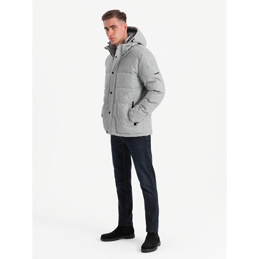 Męska casualowa kurtka puffer z wełną – jasnoszary melanż V3 OM-JAHP-0203 ze sklepu ombre w kategorii Kurtki męskie - zdjęcie 179746322