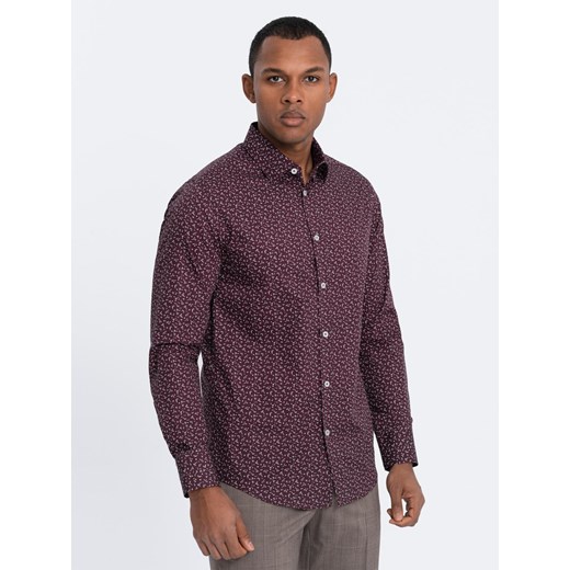 Koszula męska bawełniana we wzory SLIM FIT - bordowa V5 OM-SHCS-0151 ze sklepu ombre w kategorii Koszule męskie - zdjęcie 179746473