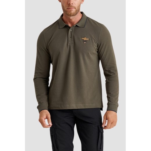 AERONAUTICA MILITARE Zielony męski longsleeve polo Piqué, Rozmiar M ze sklepu outfit.pl w kategorii T-shirty męskie - zdjęcie 179747032