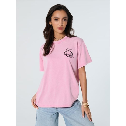 Sinsay - Koszulka loose fit z efektem sprania SmileyWorld® - różowy ze sklepu Sinsay w kategorii Bluzki damskie - zdjęcie 179753080