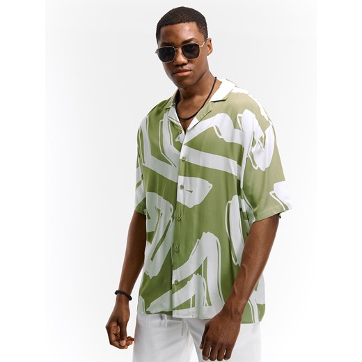 Koszula męska Gate z krótkim rękawem z klasycznym kołnierzykiem zielona casualowa w paski 
