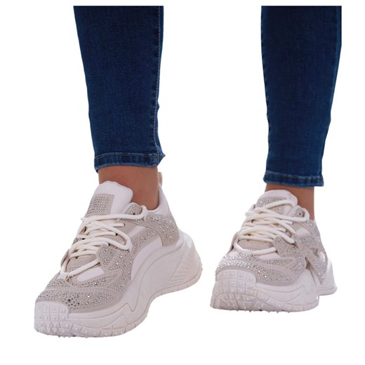 Beżowe buty sportowe na platformie z cyrkoniami /G3-1 17423 T891/ ze sklepu Pantofelek24.pl w kategorii Buty sportowe damskie - zdjęcie 179757890