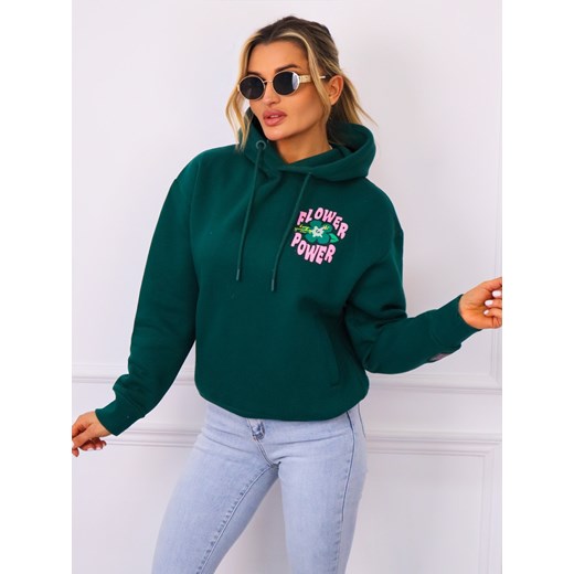 BLUZA Z KAPTUREM Z APLIKACJĄ Z PRZODU I NA PLECACH- ZIELONA ze sklepu olika.com.pl w kategorii Bluzy damskie - zdjęcie 179789371