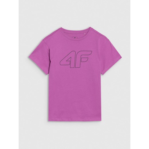 Dziewczęcy t-shirt z nadrukiem 4F 4FJWSS25TTSHF2327 - fioletowy ze sklepu Sportstylestory.com w kategorii Bluzki dziewczęce - zdjęcie 179792181