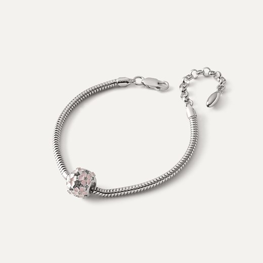 Bransoletka z ażurową kulką z różowymi kwiatami typu beads, srebro 925 pokryte platyną ze sklepu GIORRE w kategorii Bransoletki - zdjęcie 179803380