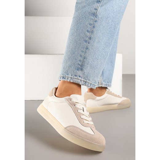 Beżowe Sneakersy ze Skóry Naturalnej z Perforacją Mirozia ze sklepu born2be.pl w kategorii Buty sportowe damskie - zdjęcie 179829492