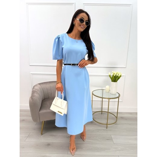 Błękitna Sukienka z Bufiastymi Rękawami i Paskiem Modnakiecka.pl 40 ModnaKiecka.pl