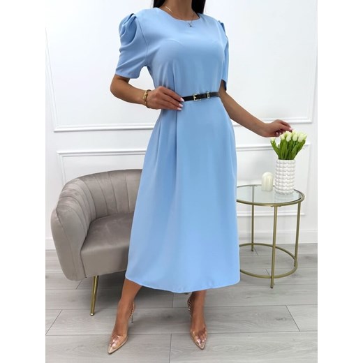 Błękitna Sukienka z Bufiastymi Rękawami i Paskiem Modnakiecka.pl 44 ModnaKiecka.pl