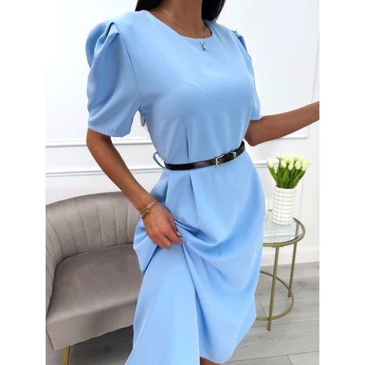 Błękitna Sukienka z Bufiastymi Rękawami i Paskiem Modnakiecka.pl 42 ModnaKiecka.pl