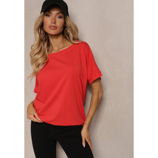 Czerwony Bawełniany T-shirt Oversize z Krótkim Rękawem i Dłuższym Tyłem Zanimara ze sklepu renee.pl w kategorii Bluzki damskie - zdjęcie 179839093