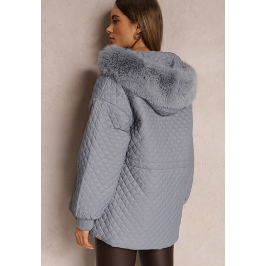 Jasnoniebieska Kurtka z Futrzanym Kapturem i Drobnym Pikowaniem Obtashe Renee XL wyprzedaż renee.pl