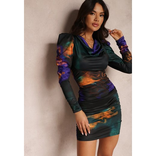 Zielono-Fioletowa Sukienka Tie-Dye z Bufiastym Rękawem Arona ze sklepu renee.pl w kategorii Sukienki - zdjęcie 179849093