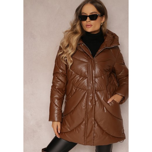 Ciemnobrązowa Kurtka Pikowana z Kapturem Greentry Renee 4XL okazja renee.pl