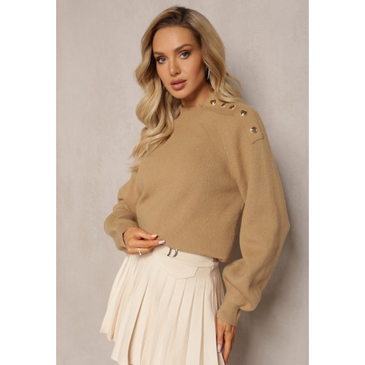 Beżowy Sweter Dzianinowy z Długim Rękawem i Guzikami Kithi ze sklepu renee.pl w kategorii Swetry damskie - zdjęcie 179851080