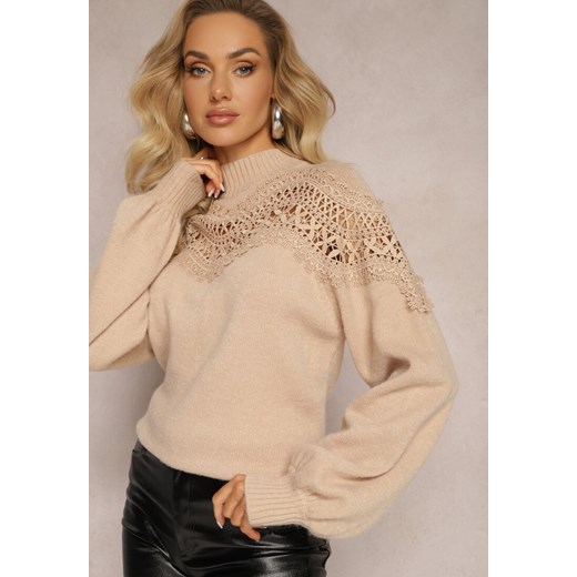 Beżowy Sweter Dzianinowy z Wstawką z Koronki Laroline ze sklepu renee.pl w kategorii Swetry damskie - zdjęcie 179851492