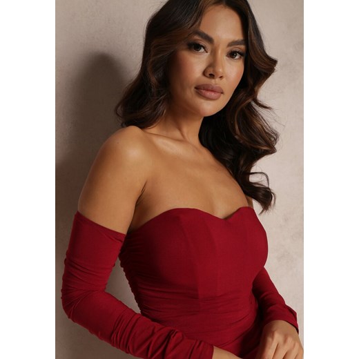 Bordowa Marszczona Sukienka Mini o Dopasowanym Fasonie Mongondeh Renee L okazyjna cena renee.pl