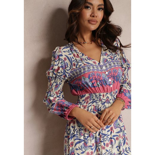 Beżowo-Niebieska Sukienka Maxi w Kwiaty z Wiskozy Vellu Renee S renee.pl okazyjna cena