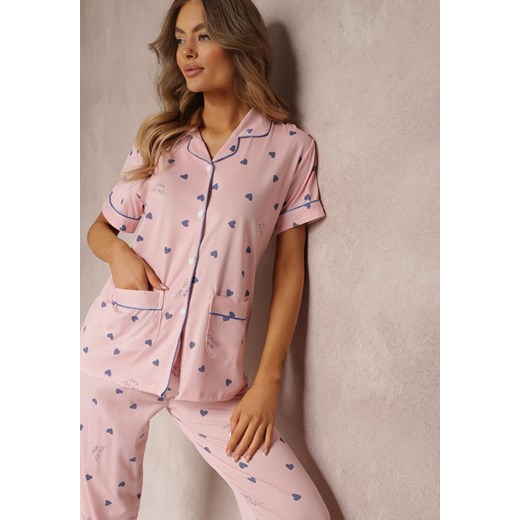 Różowy 2-częściowy Komplet Piżamowy z Koszulą na Guziki i Spodniami z Gumką w Renee M renee.pl okazja