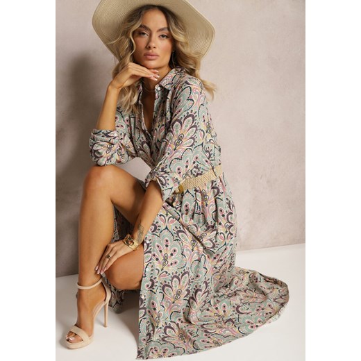 Miętowo-Różowa Koszulowa Sukienka z Dodatkowym Paskiem i Podpinanymi Rękawami Alonie ze sklepu renee.pl w kategorii Sukienki - zdjęcie 179854222