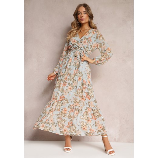 Miętowa Sukienka Maxi z Kopertowym Dekoltem i Gumką z Wiązaniem w Talii Alret ze sklepu renee.pl w kategorii Sukienki - zdjęcie 179855630