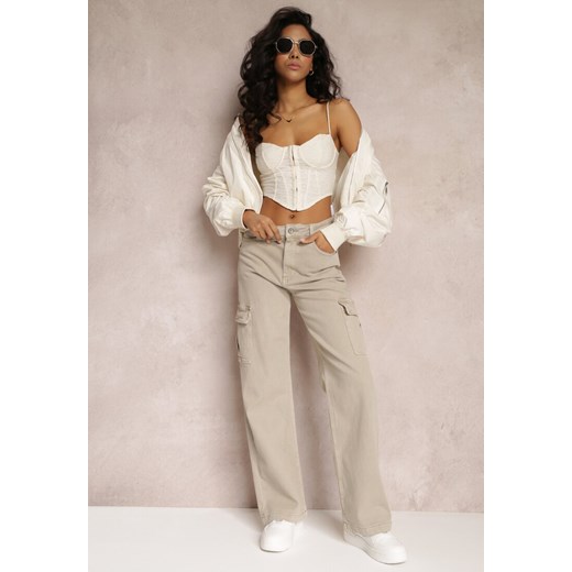 Ciemnobeżowe Jeansy Cargo High Waist z Kieszeniami Anora ze sklepu renee.pl w kategorii Jeansy damskie - zdjęcie 179855833