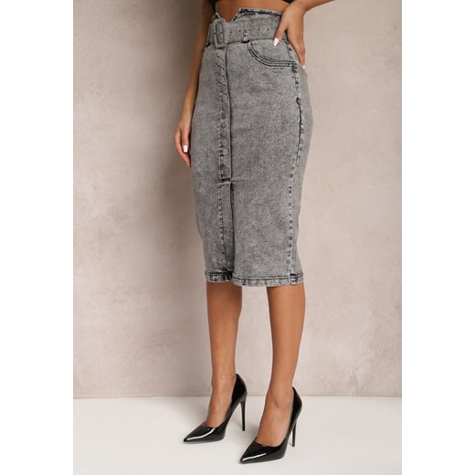 Szara Jeansowa Spódnica Ołówkowa Midi z Guzikami i Rozcięciem Jackiesa Renee XS renee.pl okazja