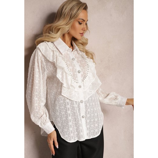 Biała Koszula Plumeti z Falbanką i Metaliczną Nitką Eutria Renee M okazja renee.pl