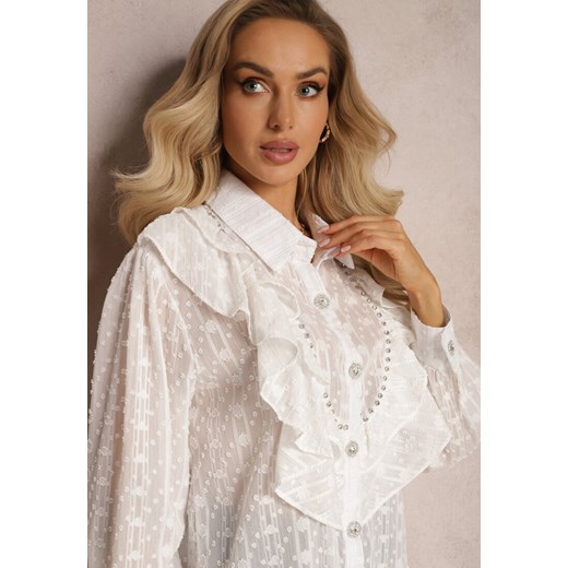 Biała Koszula Plumeti z Falbanką i Metaliczną Nitką Eutria Renee M wyprzedaż renee.pl
