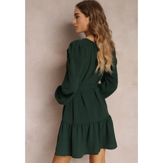 Ciemnozielona Sukienka Pudełkowa z Falbanką Leffo Renee ONE SIZE promocja renee.pl