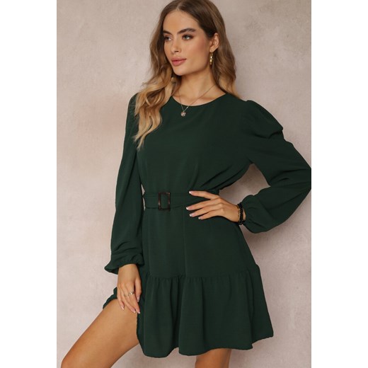 Ciemnozielona Sukienka Pudełkowa z Falbanką Leffo Renee ONE SIZE wyprzedaż renee.pl