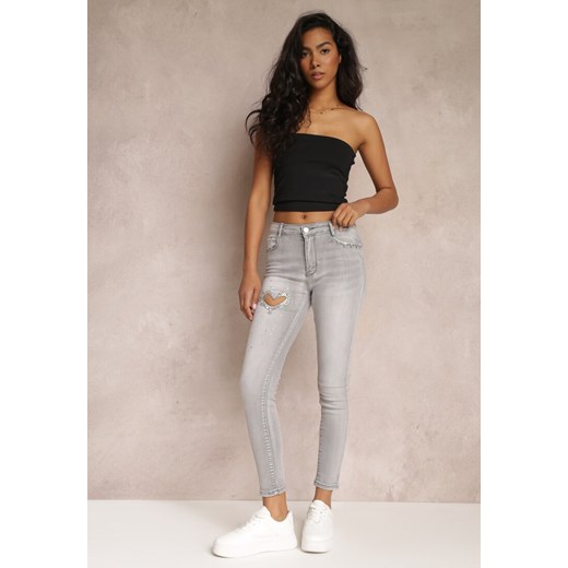 Jasnoszare Jeansy Skinny Push-Up z Wycięciem i Cyrkoniami Idomara ze sklepu renee.pl w kategorii Jeansy damskie - zdjęcie 179861314