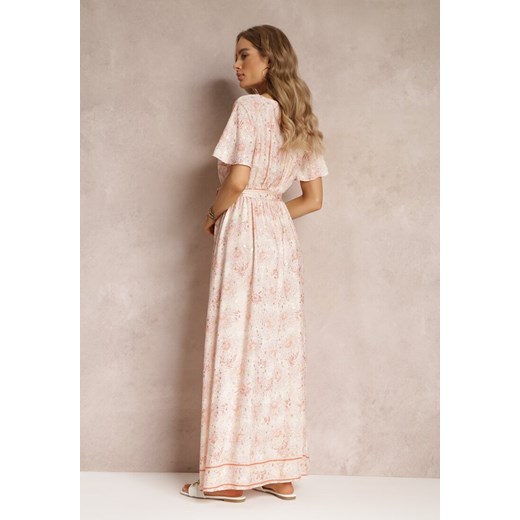 Jasnobeżowa Wiskozowa Sukienka z Metalicznym Wzorem i Gumką w Pasie Carinalia Renee M okazyjna cena renee.pl