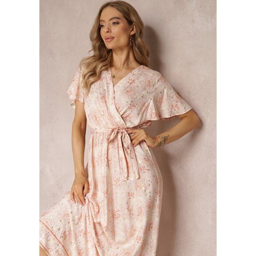 Jasnobeżowa Wiskozowa Sukienka z Metalicznym Wzorem i Gumką w Pasie Carinalia Renee M wyprzedaż renee.pl