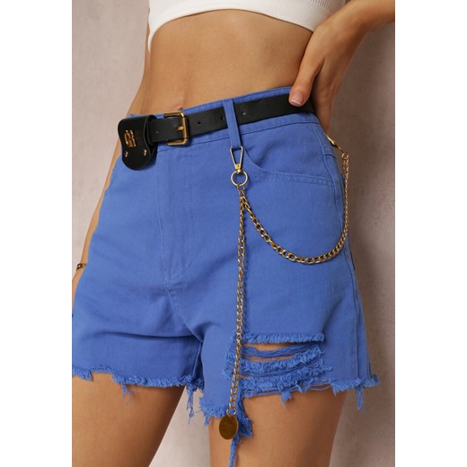 Niebieskie Bawełniane Szorty High Waist z Paskiem z Odpinanym Łańcuszkiem Priseis ze sklepu renee.pl w kategorii Szorty - zdjęcie 179865603