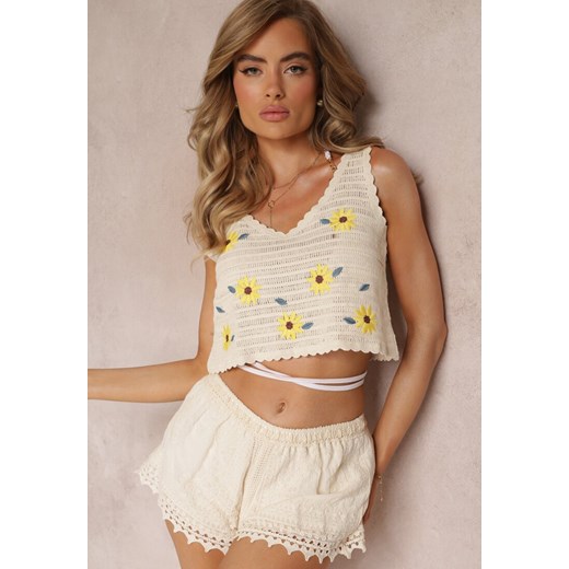 Beżowy Haftowany Top w Kwiaty z Bawełny Brianda Renee ONE SIZE okazyjna cena renee.pl