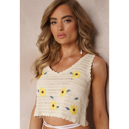 Beżowy Haftowany Top w Kwiaty z Bawełny Brianda Renee ONE SIZE wyprzedaż renee.pl