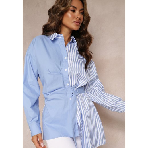 Niebieska Koszula Wiązana w Talii z Asymetrycznym Dołem w Paski Colle ze sklepu renee.pl w kategorii Koszule damskie - zdjęcie 179867101