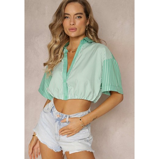 Zielona Bluzka Krótka w Stylu Retro na Guziki Ozdobiona Paskami Fito ze sklepu renee.pl w kategorii Bluzki damskie - zdjęcie 179867561