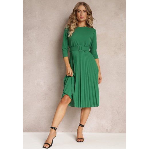 Sukienka Renee zielona z okrągłym dekoltem midi z długim rękawem elegancka 